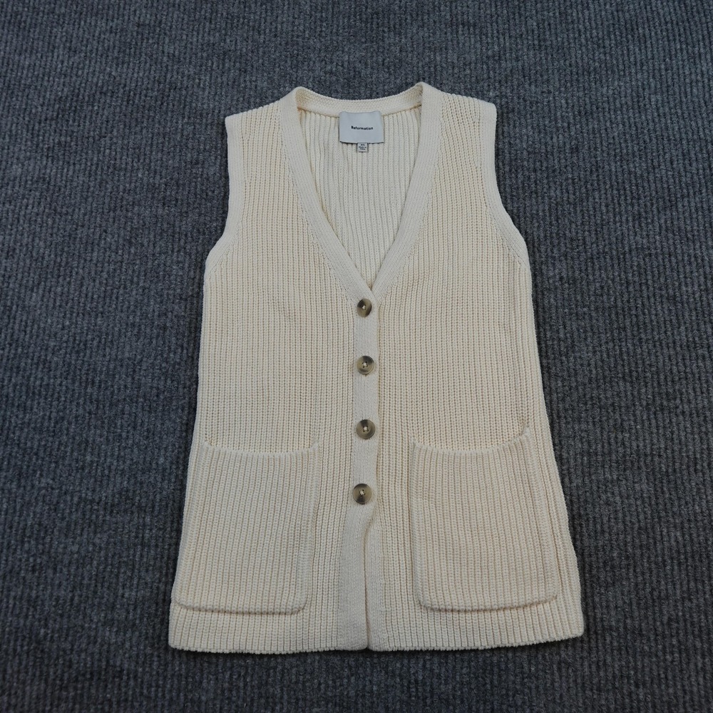 Reformation Faye Sweater Vest Womens XS White Chunky Knit V Neck Pockets